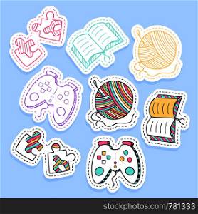 Set of hobby different element stickers, pins, patches and handwritten collection in cartoon style. Funny greetings for clothes, card, badge, icon, postcard, banner, tag, stickers, print.