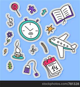 Set of hobby trip element stickers, pins, patches and handwritten collection in cartoon style. Funny greetings for clothes, card, badge, icon, postcard, banner, tag, stickers, print.