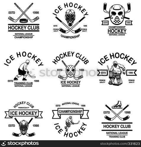 Set of hockey club emblems. Design element for logo, label, sign, t shirt, poster. Vector illustration