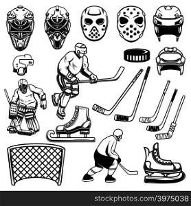 Set of hockey design elements. Players, goalkeeper, hockey sticks, ice skates. For logo, label, emblem, sign. Vector illustration