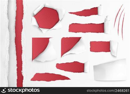 Set of holes in white paper with ripped edges over red background realistic vector illustration. White Paper With Ripped Holes