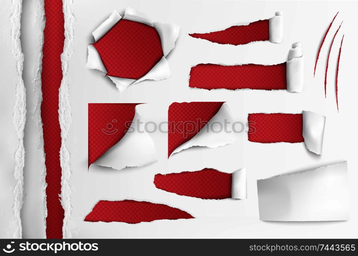 Set of holes in white paper with ripped edges over red background realistic vector illustration. White Paper With Ripped Holes