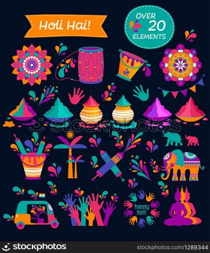 Set of Holi flat icons in indian style. Vector illustration.. Set of Holi flat icons in indian style. Vector illustration on dark blue.