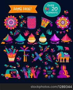 Set of Holi flat icons in indian style. Vector illustration.. Set of Holi flat icons in indian style. Vector illustration on dark blue.