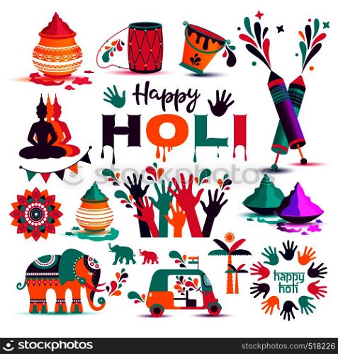 Set of Holi flat icons in indian style. Vector illustration.. Set of Holi flat icons in indian style. Vector illustration