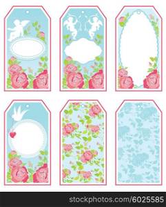 Set of holiday banners and labels in pink and blue colors with white frame, angel, dove bird and rose flowers. Frames, borders, cards for Happy Valentines Day, Birthday, Wedding, etc. design. Vintage style.