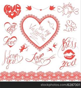 Set of holiday card design elements. Happy Valentine`s Day. Calligraphic text - I LOVE YOU, Be my Valentine, kiss you, etc., hearts, angel and birds