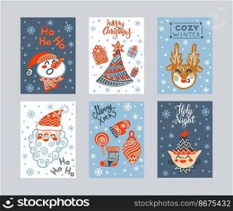 Set of holiday cards. Universal abstract creative artistic templates with winter holiday symbols and lettering. Christmas tree, Santa Claus, deer, elf, snowman. For print, design, and decor. Set of corporate holiday cards vector illustration