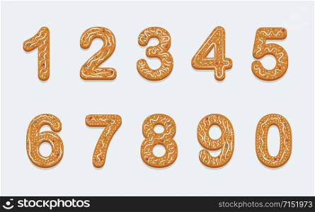 Set of holiday cookies in the form of numbers with icing and colored sprinkles. Isolated on light background