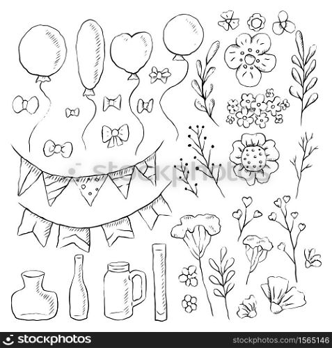 Set of holiday decorations for invitations and cards. Pencil sketch with hatching. Balloons, flowers, herbs, vases, flags and bows. Vector rustic objects separate from the background.. Set of holiday decorations for invitations and cards. Pencil sketch with hatching. Balloons, flowers, herbs, vases, flags and bows. Vector rustic