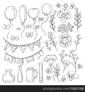 Set of holiday decorations for invitations and cards. Pencil sketch with hatching. Balloons, flowers, herbs, vases, flags and bows. Vector rustic objects separate from the background.. Set of holiday decorations for invitations and cards. Pencil sketch with hatching. Balloons, flowers, herbs, vases, flags and bows. Vector rustic