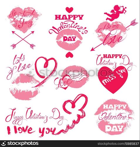 Set of holiday labels - pink lips print, hearts, angel, Calligraphy elements, hand written text: Happy Valentine`s Day, I love you, etc. Isolated on white background.