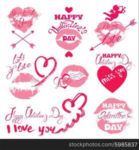 Set of holiday labels - pink lips print, hearts, angel, Calligraphy elements, hand written text: Happy Valentine`s Day, I love you, etc. Isolated on white background.
