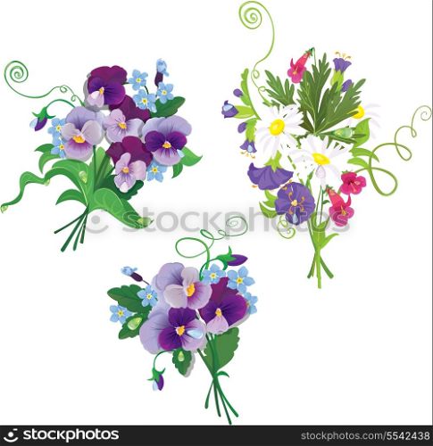 Set of holidays bouquets with chamomiles, pansies and forget me not flowers isolated on white background. Elements for holiday design.