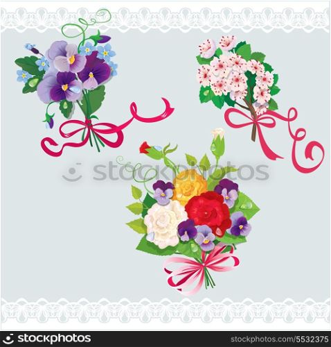 Set of holidays bouquets with sakura, roses, pansies and forget me not flowers. Elements for holiday design.