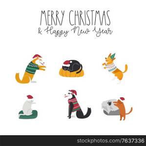 Set of Home pets dressed in Christmas costumes with accessories and knited sweaters. Cozy Winter holiday season illustration and New year typography in Hygge style. Set of Home pets dressed in Christmas costumes with accessories and knited sweaters. Cozy Winter holiday season illustration and New year typography in Hygge