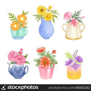 Set of Home plants in flowerpot watercolor