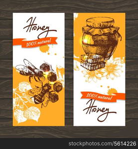 Set of honey banners with hand drawn sketch illustrations