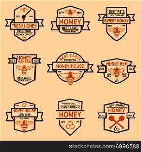 Set of honey labels template. Bee icons. Design element for logo, label, emblem, sign, poster. Vector illustration