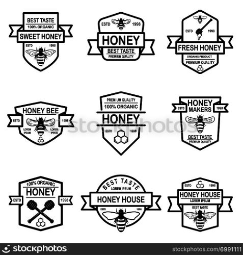 Set of honey labels template. Bee icons. Design element for logo, label, emblem, sign, poster. Vector illustration