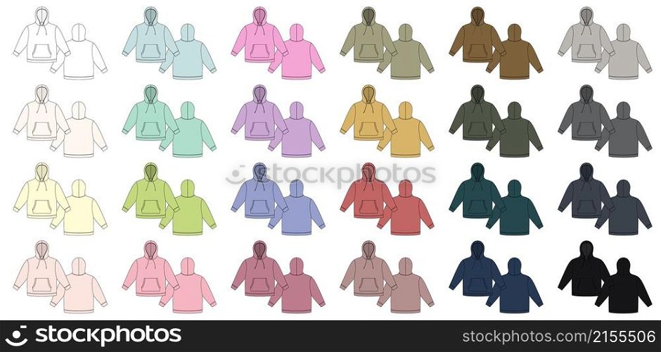 Set of hoodie template. Apparel colored hoody technical sketch mockup. Sweatshirt with hood, pockets. Different colors. Unisex jumper. Casual clothes. Front and back. CAD fashion vector illustration. Set of hoodie template. Apparel colored hoody technical sketch mockup. Sweatshirt with hood, pockets.