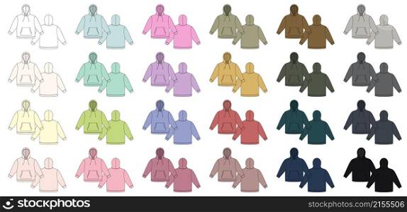 Set of hoodie template. Apparel colored hoody technical sketch mockup. Sweatshirt with hood, pockets. Different colors. Unisex jumper. Casual clothes. Front and back. CAD fashion vector illustration. Set of hoodie template. Apparel colored hoody technical sketch mockup. Sweatshirt with hood, pockets.