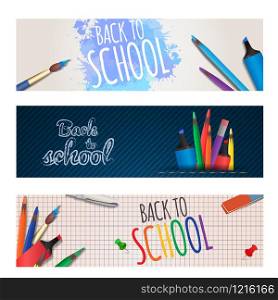 Set of horizontal banners back to school with stationery. Vector element for your design. Set of horizontal banners back to school with stationery. Vector
