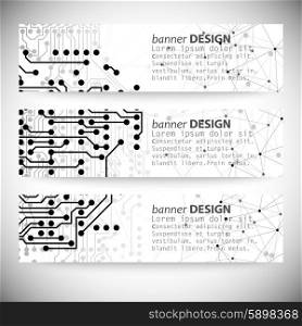 Set of horizontal banners. Molecule structure, gray background for communication