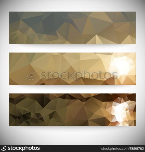 Set of horizontal banners. Mountains and sea landscape, triangle design vector illustration.