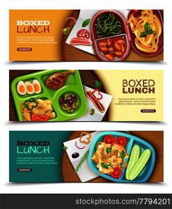 Set of horizontal banners with boxed lunch with various ingredients on wooden table isolated vector illustration . Boxed Lunch Horizontal Banners