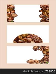 Set of horizontal banners with colored cartoon nuts. Objects separate from the background. Vector template for menus, sites, cards and your design.. Set of horizontal banners with colored cartoon nuts. Objects separate from the background. Vector template