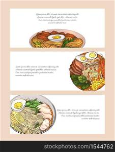 Set of horizontal banners with colorful cartoon illustration of ramen in different angles. Noodles. Objects separate from the background. Vector template for menus, sites, cards and your design.. Set of horizontal banners with colorful cartoon illustration of ramen in different angles. Noodles. Vector template