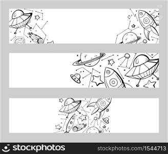 Set of horizontal banners with contour child illustrations of stars, spaceships, UFOs and place for text. Vector template for cards, banners and your creativity. Set of horizontal banners with contour child illustrations of stars, spaceships, UFOs and place for text.