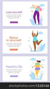 Set of Horizontal Banners with Copy Space. Beautiful Multiracial Girls Characters Healthy Active Lifestyle and Body Positive Motivation Quotes on Nature Background. Cartoon Flat Vector Illustration.. Beautiful Girl Characters Healthy Active Lifestyle