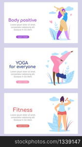 Set of Horizontal Banners with Copy Space. Curvy International Women Characters Active Healthy Lifestyle and Body Positive Motivation Quotes on Open Air Background. Cartoon Flat Vector Illustration.. Curvy International Women Active Healthy Lifestyle