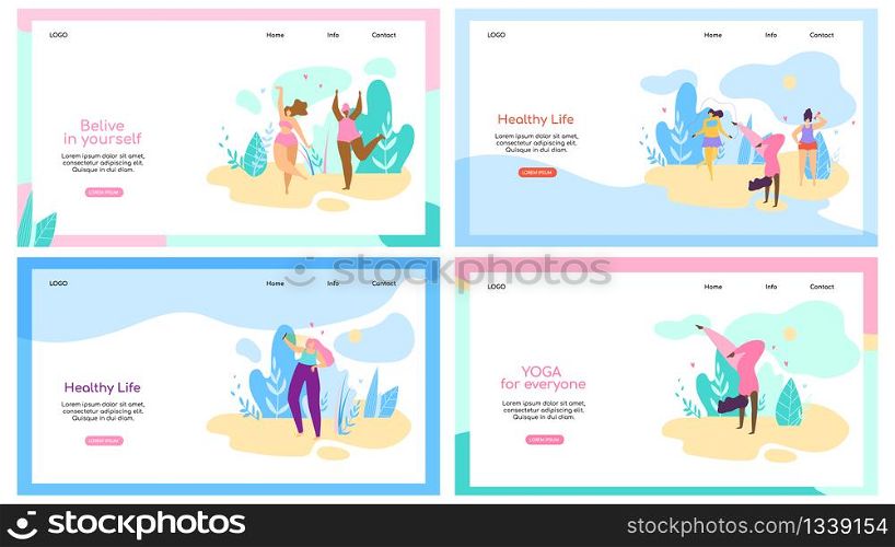 Set of Horizontal Banners with Copy Space. Plus Size Girls Doing Yoga, Cardio, Fitness and Gymnastics. Body Positive. Attractive Overweight Women Healthy Lifestyle. Cartoon Flat Vector Illustration,. Attractive Overweight Women Healthy Lifestyle Set
