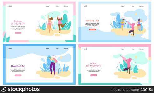 Set of Horizontal Banners with Copy Space. Plus Size Girls Doing Yoga, Cardio, Fitness and Gymnastics. Body Positive. Attractive Overweight Women Healthy Lifestyle. Cartoon Flat Vector Illustration,. Attractive Overweight Women Healthy Lifestyle Set