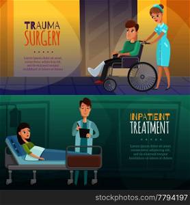 Set of horizontal banners with doctors and patients in trauma surgery and hospital treatment isolated vector illustration. Doctors Patients Horizontal Banners