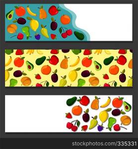 Set of horizontal banners with fruits. Design set of banner with food fruit, vector illustration. Set of horizontal banners with fruits