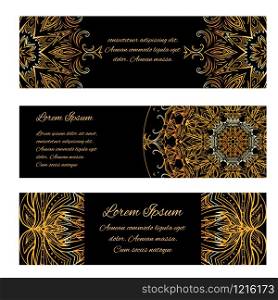 Set of horizontal banners with golden luxury vintage pattern and place for text. Vector element for your design. Set of horizontal banners with golden luxury vintage pattern and