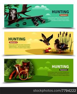 Set of horizontal banners with hunting equipment and trophies, fox with horn and ducks isolated vector illustration . Hunting Horizontal Banners