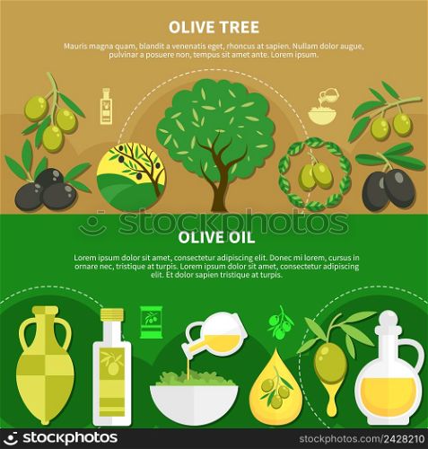 Set of horizontal banners with olive oil in various packaging, green tree with fruits isolated vector illustration . Olive Oil Horizontal Banners