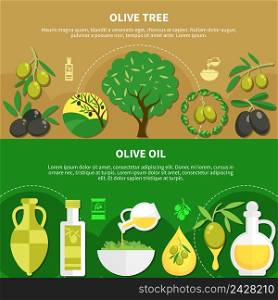 Set of horizontal banners with olive oil in various packaging, green tree with fruits isolated vector illustration . Olive Oil Horizontal Banners