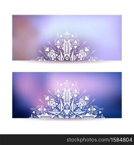 Set of horizontal cards with tribal decoration on a blurred background. Vector objects with folk mystic patterns for yoga studios, business cards, banners and your design.. Set of horizontal cards with tribal decoration on a blurred background. Vector objects with folk mystic patterns