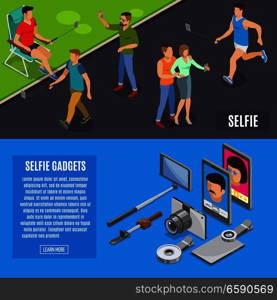 Set of horizontal isometric banners social photo and self portrait with monopod, selfie gadgets isolated vector illustration. Social Photo Selfie Isometric Banners