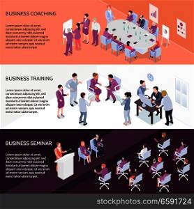 Set of horizontal isometric banners with people during business coaching, corporate training and seminar isolated vector illustration . Business Training Horizontal Isometric Banners