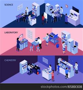 Set of horizontal isometric banners with people in science laboratory, during chemistry experiments isolated vector illustration . Laboratory Horizontal Isometric Banners
