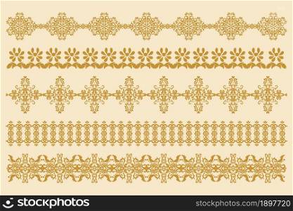 Set of horizontal ornaments in old style. Damask border patterns for decoration. Vector design element. Computer graphics.