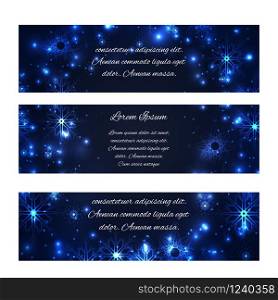 Set of horizontal winter festive banners with snowflakes and place for text. Vector element for your design. Set of horizontal winter festive banners with snowflakes and pla