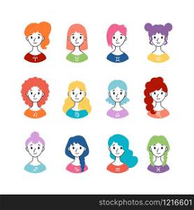 Set of horoscope signs as women. Collection of zodiac signs isolated on white background. Vector illustration of astrological signs. Twelve colorful icons. Prediction of the future. Minimal style.
